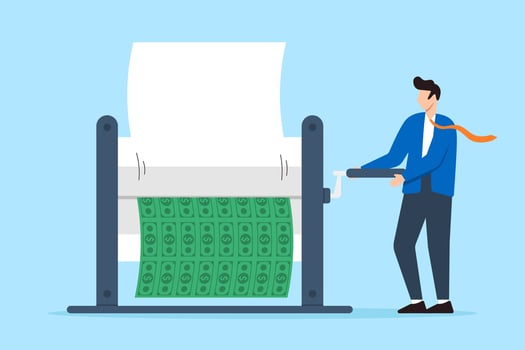 Central bank executive operating money printer for banknotes in flat design vector