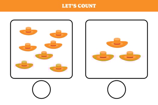 Counting game with hat. Educational worksheet design for preschool, kindergarten students. Learning mathematics. Brain teaser fun activity for kids. vector
