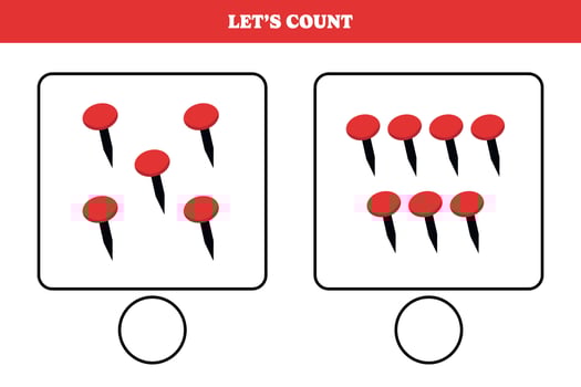 Counting game with thumbtack. Educational worksheet design for preschool, kindergarten students. Learning mathematics. Brain teaser fun activity for kids. vector