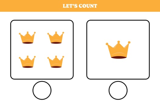 Counting game with crown. Educational worksheet design for preschool, kindergarten students. Learning mathematics. Brain teaser fun activity for kids. vector