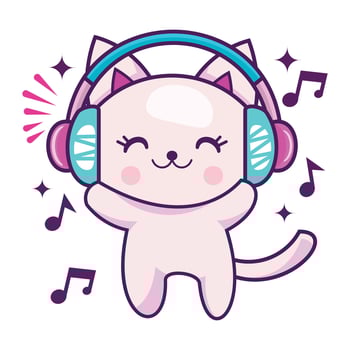 Vector of a cute cat listening to music
