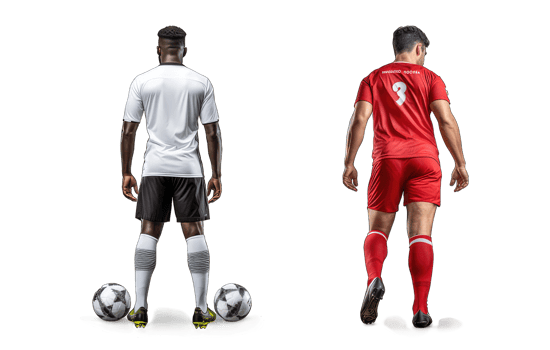 AI generated soccer player in white and red uniform with ball standing on transparent background png