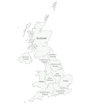 United Kingdom Regions map. Map of United Kingdom in administrative regions in white color png
