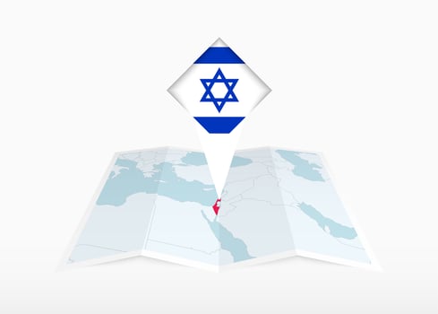 Israel is depicted on a folded paper map and pinned location marker with flag of Israel. vector