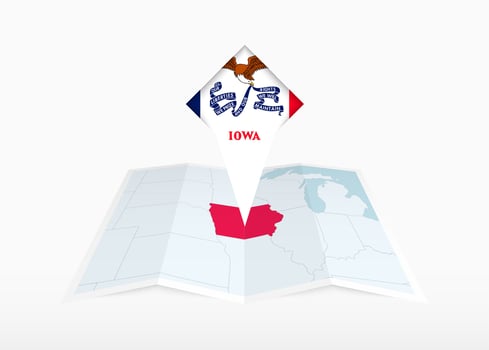 Iowa is depicted on a folded paper map and pinned location marker with flag of Iowa. vector
