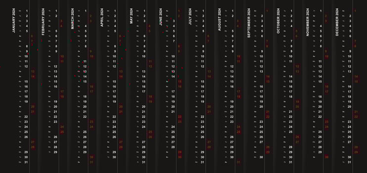 Vertical calendar 2024 on black background, Saturday and Sunday selected in different row. vector