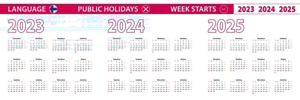 2023, 2024, 2025 year vector calendar in Finnish language, week starts on Sunday.