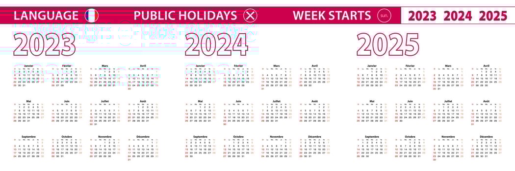 2023, 2024, 2025 year vector calendar in French language, week starts on Sunday.