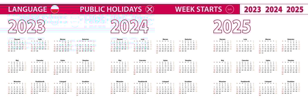 2023, 2024, 2025 year vector calendar in Polish language, week starts on Sunday.