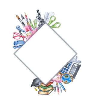 Watercolor illustration in diamond frame with students, school supplies, equipment, stationery. Back to school. Education concept isolated. hand drawn. png
