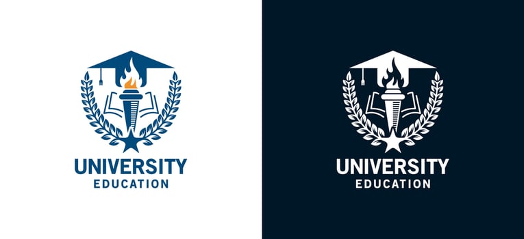 Higher education university emblem logo design using torch, book and graduation cap symbol vector