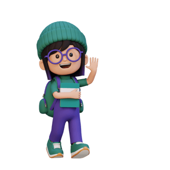 3D happy girl character walking go to school holding book and waving hand png