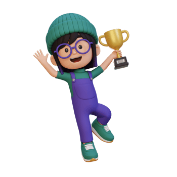 3D girl character celebrating win holding a trophy png