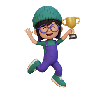 3D girl character celebrating win holding a trophy png