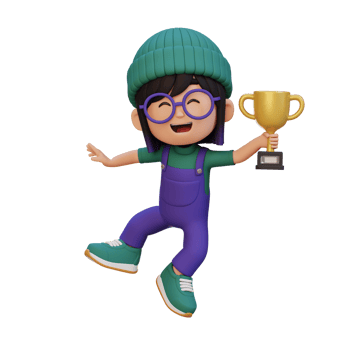3D girl character celebrating win holding a trophy png