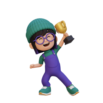 3D girl character celebrating win holding a trophy png