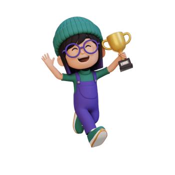 3D girl character celebrating win holding a trophy png
