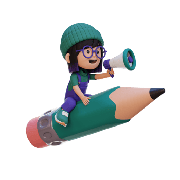 3D girl character riding a pencil and holding megaphone png