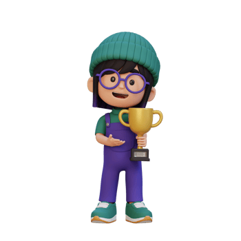 3D girl character celebrating win holding a trophy png