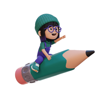 3D girl character riding a pencil and pointing hand png