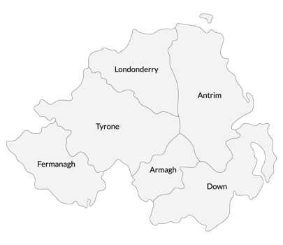 Northern Ireland map. Map of Northern Ireland divided into six main regions png