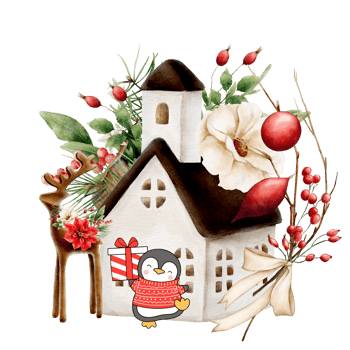 AI generated christmas house with penguin and reindeer png
