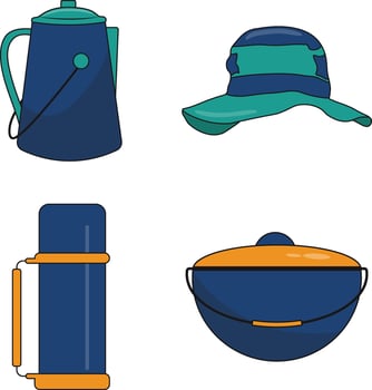 Camping Equipment Icon Collection. Cartoon Design Style. Vector Illustration.