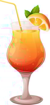 Alcoholic cocktail Sex on the beach in cartoon style. Glass of drink with orange, mint and straw. Isolated vector illustration in cartoon style