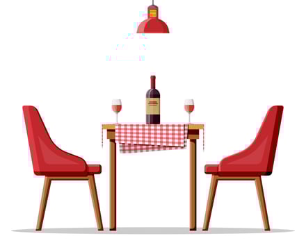 Table with chairs, lamp. Bottle of wine, glasses vector