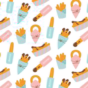 Seamless pattern with churros. Vector illustration in hand drawn flat style. Pattern with chocolate churros in a paper bag.