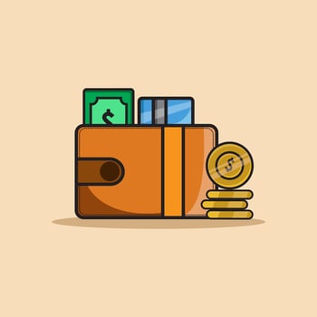 a wallet icon with money, a card coming out of the wallet, as well as a pile of gold coins next to the wallet. light yellow background, coin purse vector. vector