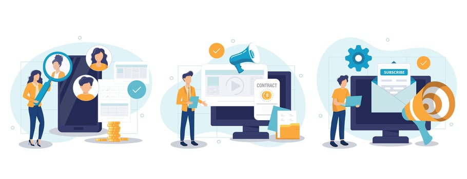 Campaign tracking and analysis abstract concept vector illustration set. Marketing campaign management, video content, email marketing, social media metrics, audience engagement abstract metaphor.
