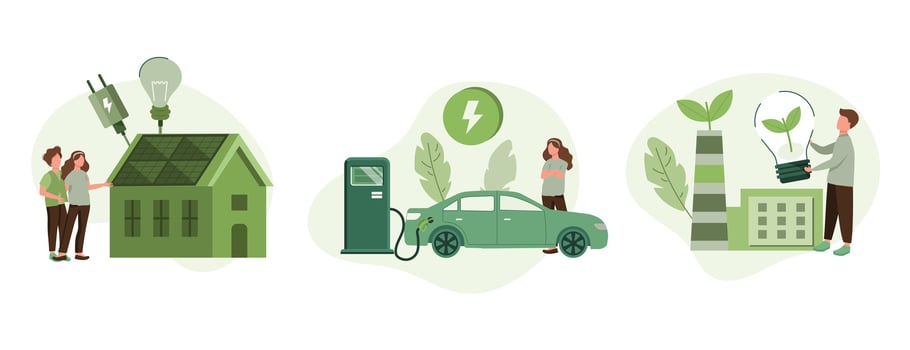 Green energy illustration set. Modern eco private house with solar energy panels and smart home technology. Electric car near charging station. Renewable energy concept. Vector illustration.
