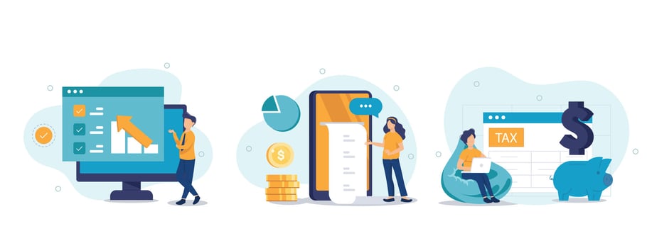 Various Finance Icons. Characters Calculating Long Bill or Invoice Online, Filling Tax From, Analyzing Financial Data. Income Management Concept. Flat Cartoon Vector Illustration.
