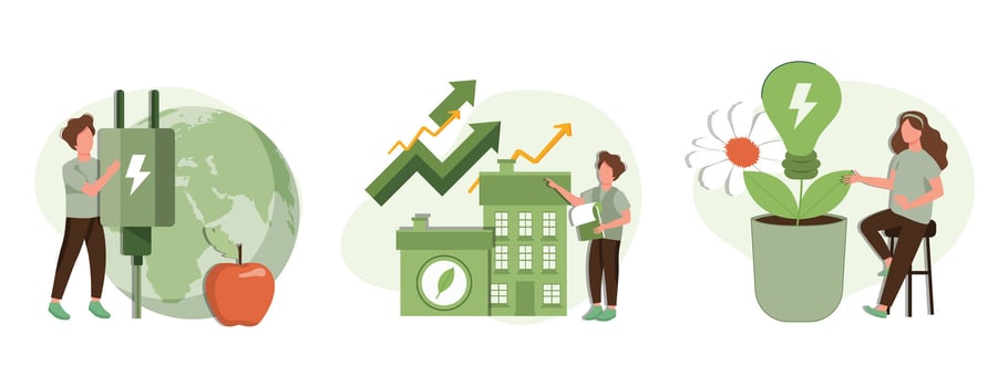 Green economy illustration set. Sustainable economic with renewable energy and natural resources. Green nature energy and electric power industry concept. Vector illustration.