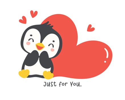 Cute penguin with red heart cartoon drawing, Kawaii Valentine animal character illustration, playful hand drawn festive love graphic. vector