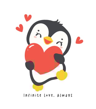 Cute penguin hug red heart cartoon drawing, Kawaii Valentine animal character illustration, playful hand drawn festive love graphic. vector