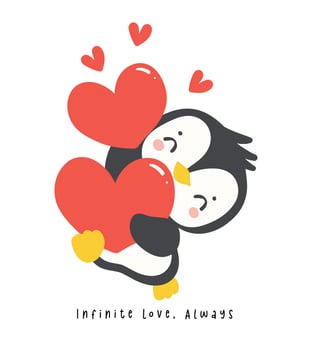 Cute penguin with red heart cartoon drawing, Kawaii Valentine animal character illustration, playful hand drawn festive love graphic. vector