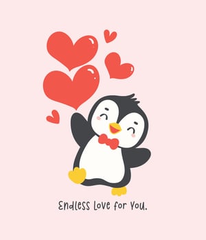 Kawaii penguin with red hearts cartoon, cute Valentine animal character illustration, playful hand drawn festive love graphic. vector