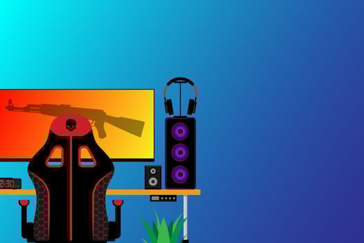 Gaming computer on desk in video gamer room vector illustration