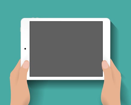 Hands holding white tablet computer at green backgound with shadows. Vector illustration in flat design. Concept for web design, promotion templates, infographics. vector illustration