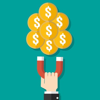 Businessman hand with magnet and Gold coin on green backgound. vector illustration in flat design, Financials, work motivation