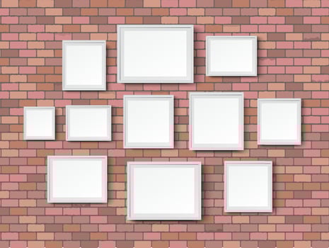 various sizes picture photo frames on red bricks wall backgound, vector illustration