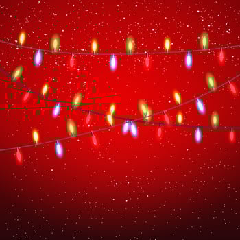 Yellow red green blue garland at black strings on red background with snow. template for greeting or postal card, vector illustration