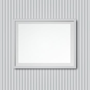 White grey striped wall with realistic wooden white picture photo frame. vector illustration