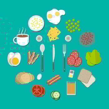 Set of breakfast components, with sausages fried eggs, becon tomato cucumber croissant coffee toast bread, beans, salad salami cheese pea orange juice fork spoon and knife. vector illustration in flat
