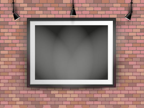 Black picture photo frame on red bricks wall backgound with lamps, vector illustration