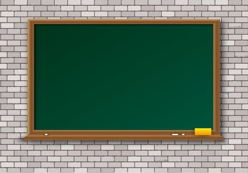 Empty green chalkboard with shadow with wooden frame with yellow sponge and white chalk on white brick wall background. template for cards. web design. vector illustration