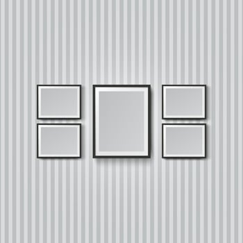 various sizes black wooden picture photo frames on striped white wall backgound, vector illustration