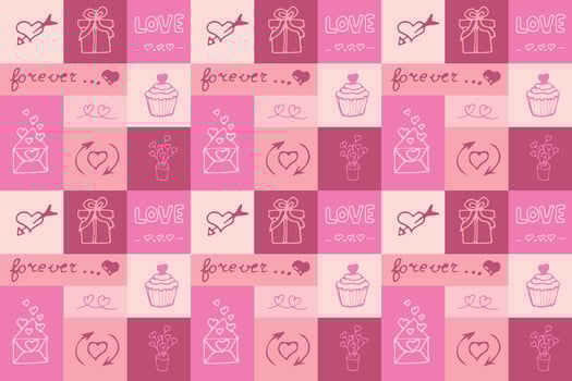 Valentine's Day seamless pattern in doodle style in squares. Print for wallpaper, stationary, wrapping paper, textile prints, packaging, etc. Vector illustration